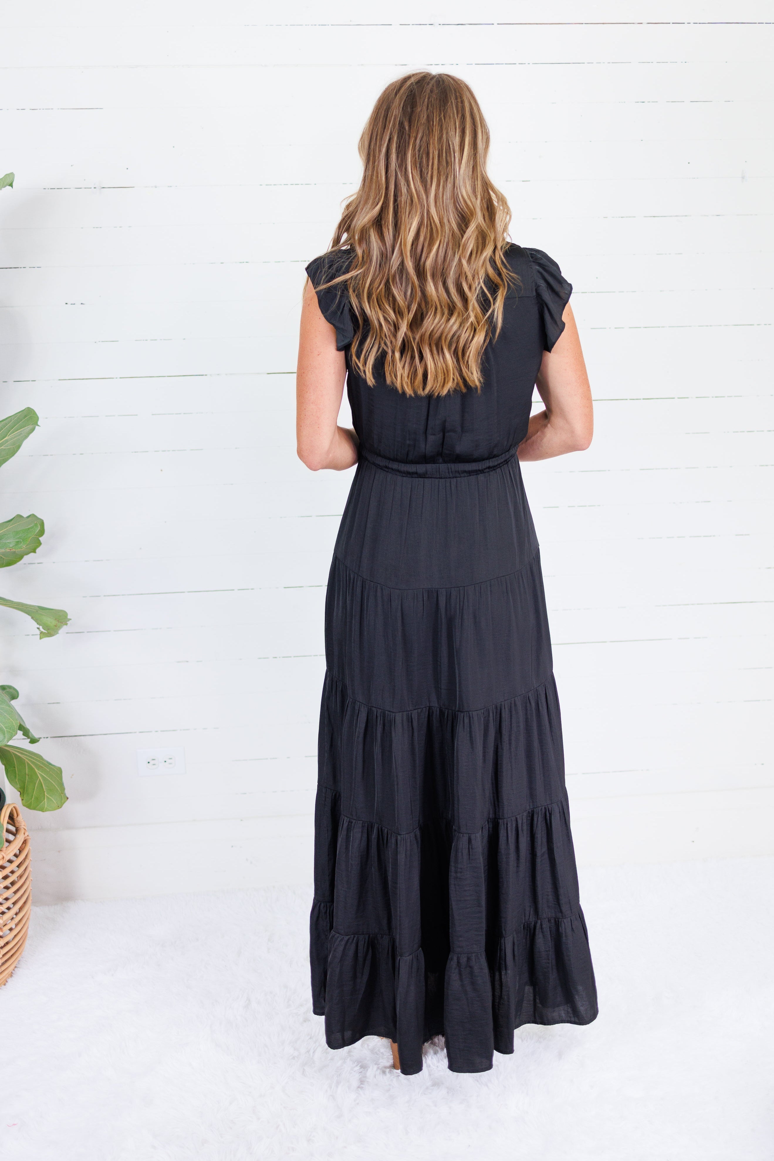 Terrell Black Tiered Satin Maxi Dress Pinch