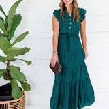 Terrell Hunter Green Tiered Satin Maxi Dress Pinch