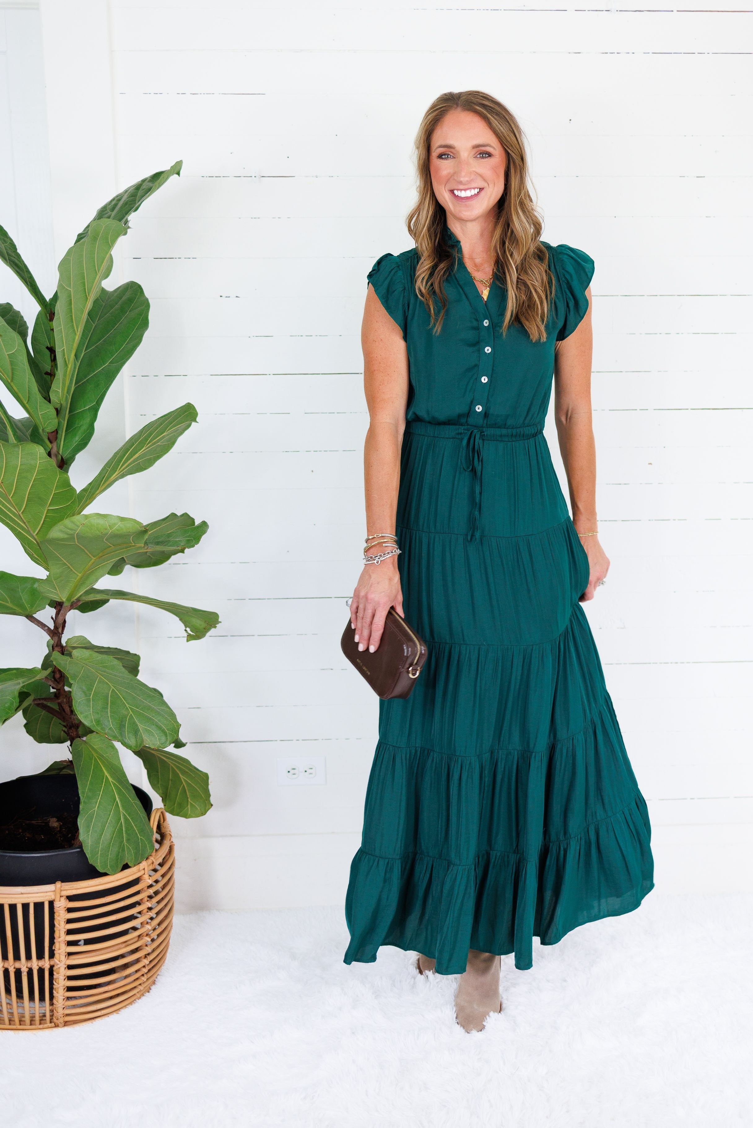 Terrell Hunter Green Tiered Satin Maxi Dress Pinch