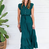Terrell Hunter Green Tiered Satin Maxi Dress Pinch