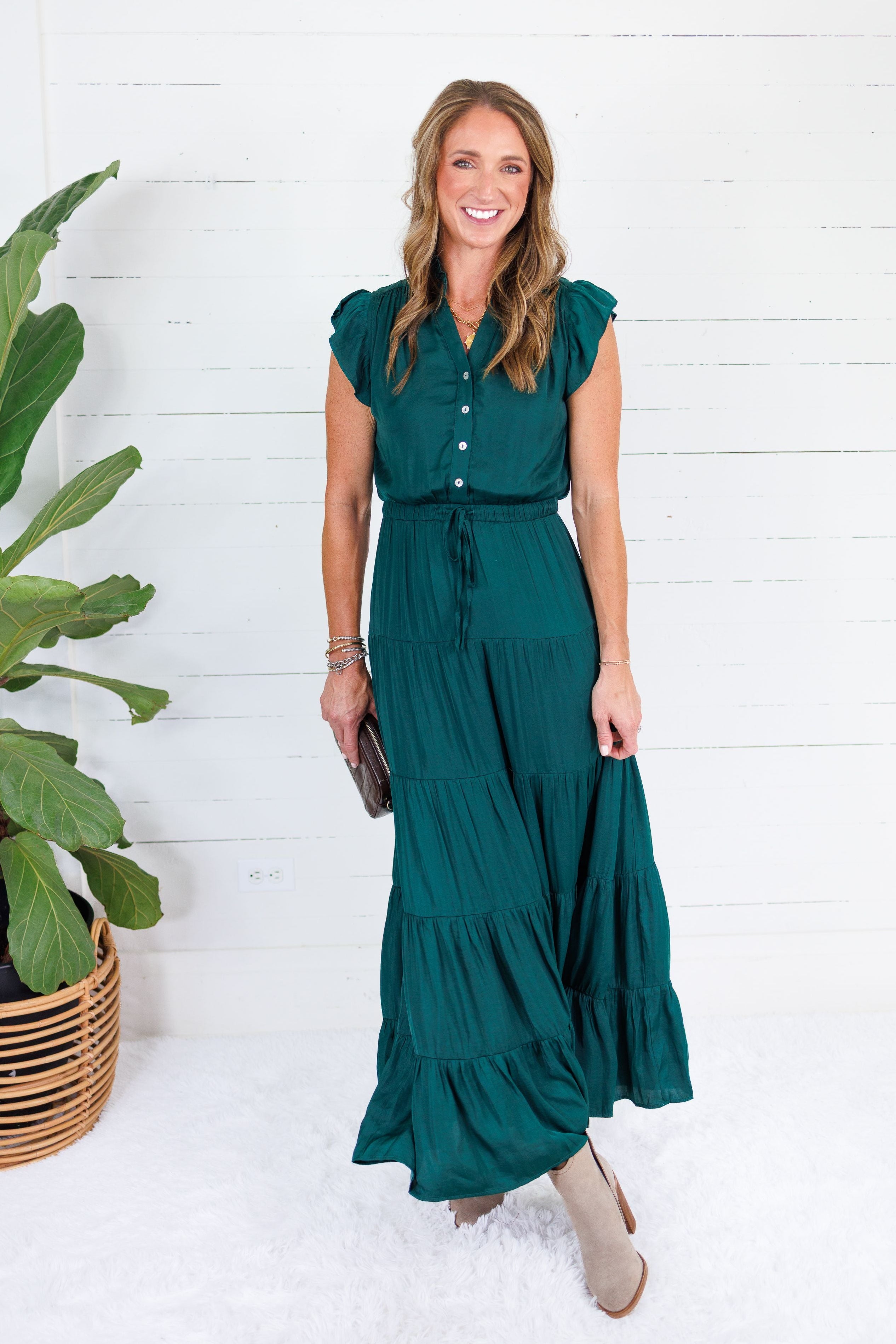 Terrell Hunter Green Tiered Satin Maxi Dress Pinch