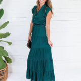 Terrell Hunter Green Tiered Satin Maxi Dress Pinch