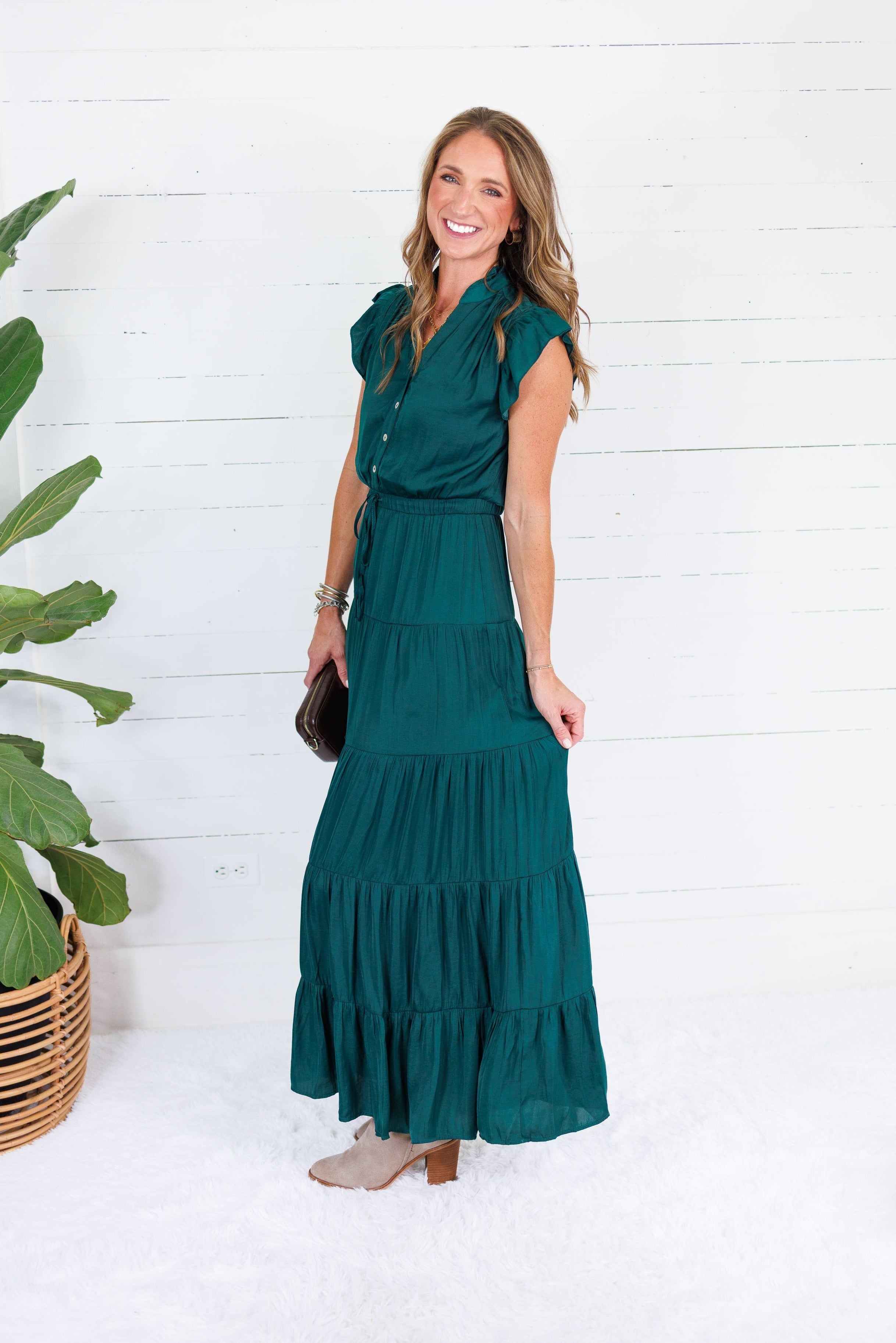 Terrell Hunter Green Tiered Satin Maxi Dress Pinch