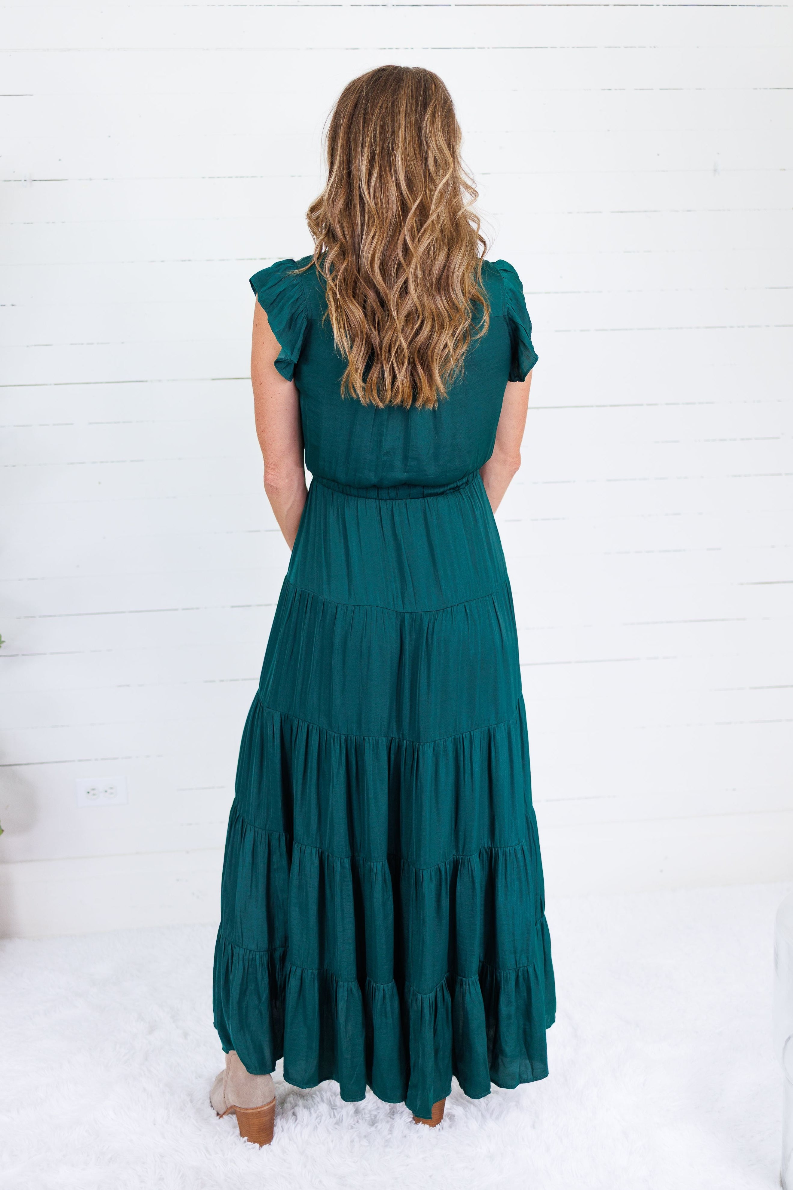 Terrell Hunter Green Tiered Satin Maxi Dress Pinch