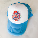 Blue and white cap with a tiger logo on a light gray background