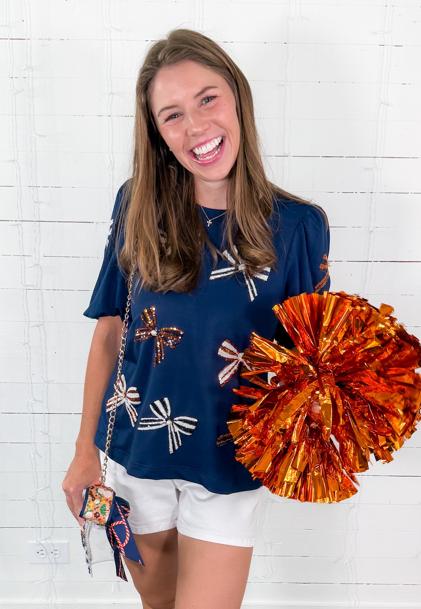 Tina Navy + Orange Bows Top Mary Square