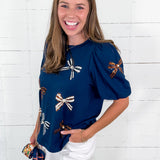 Tina Navy + Orange Bows Top Mary Square
