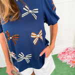 Tina Navy + Orange Bows Top Mary Square