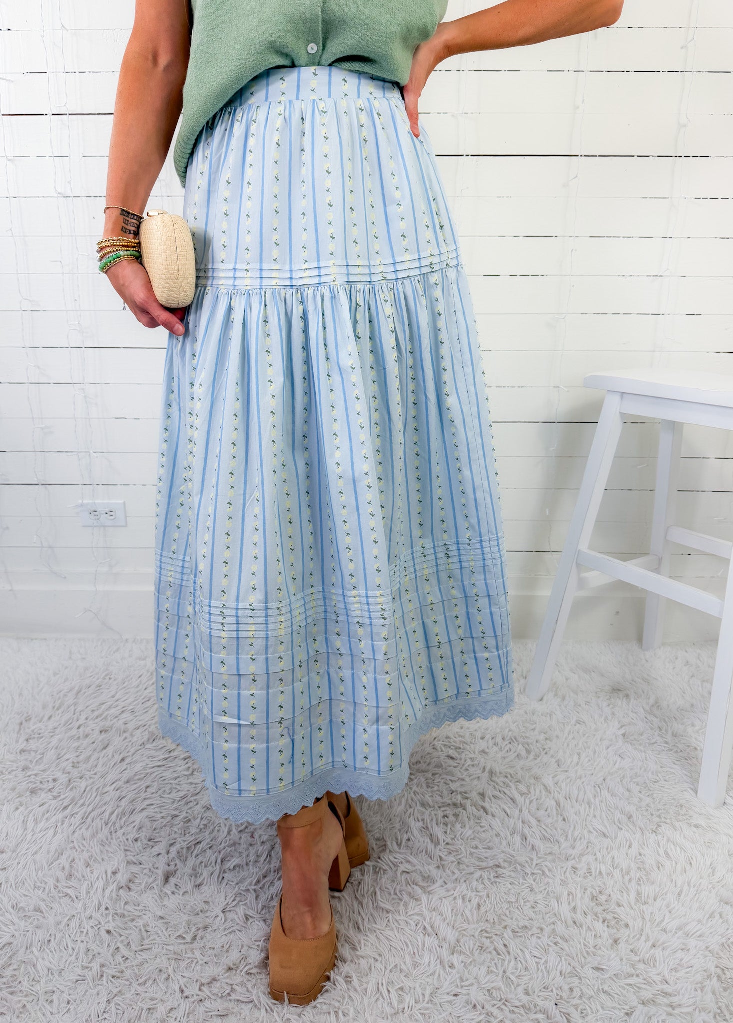 Tonya Blue Floral Stripe Maxi Skirt Karlie