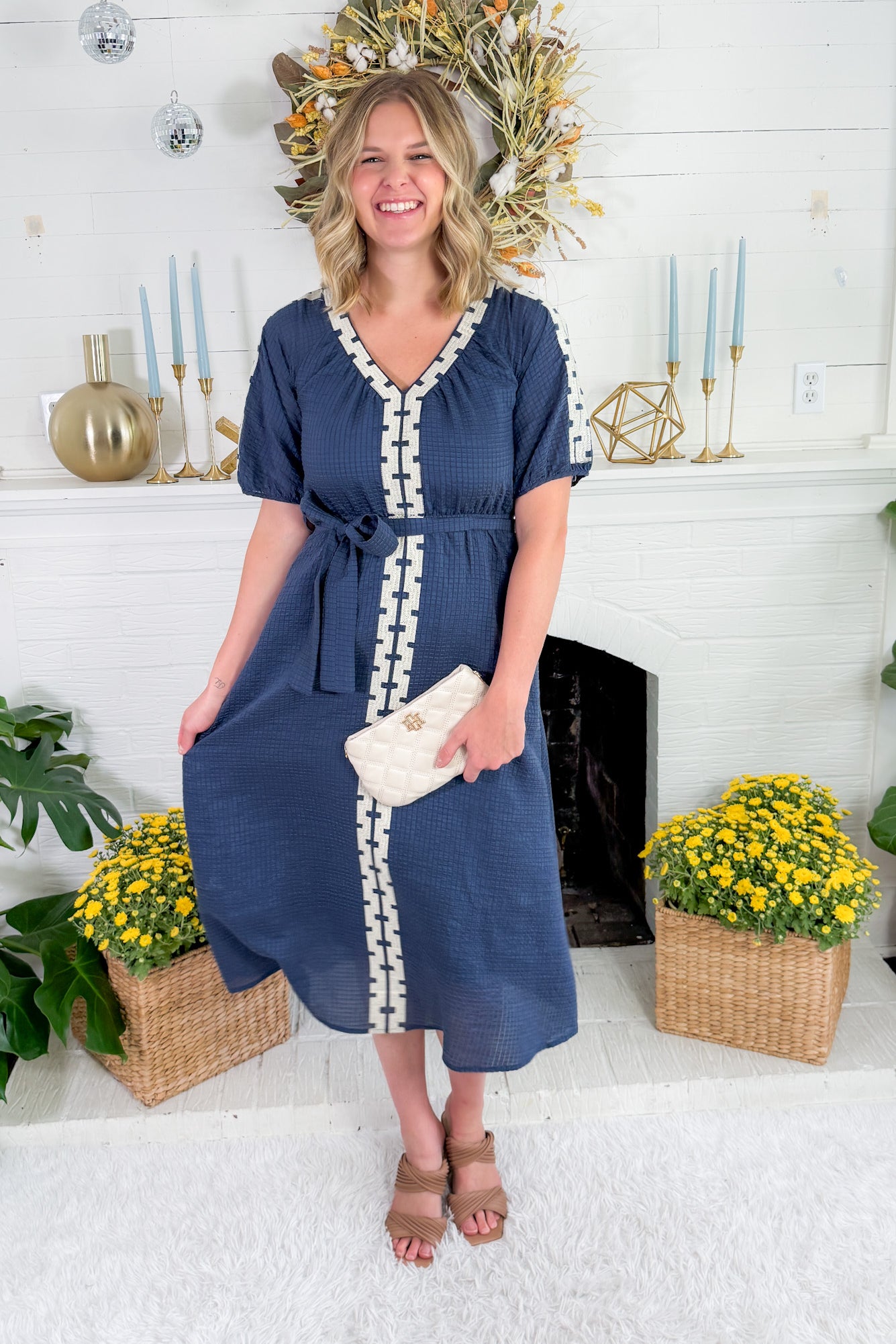 Trevor Navy Textured Midi Dress THML