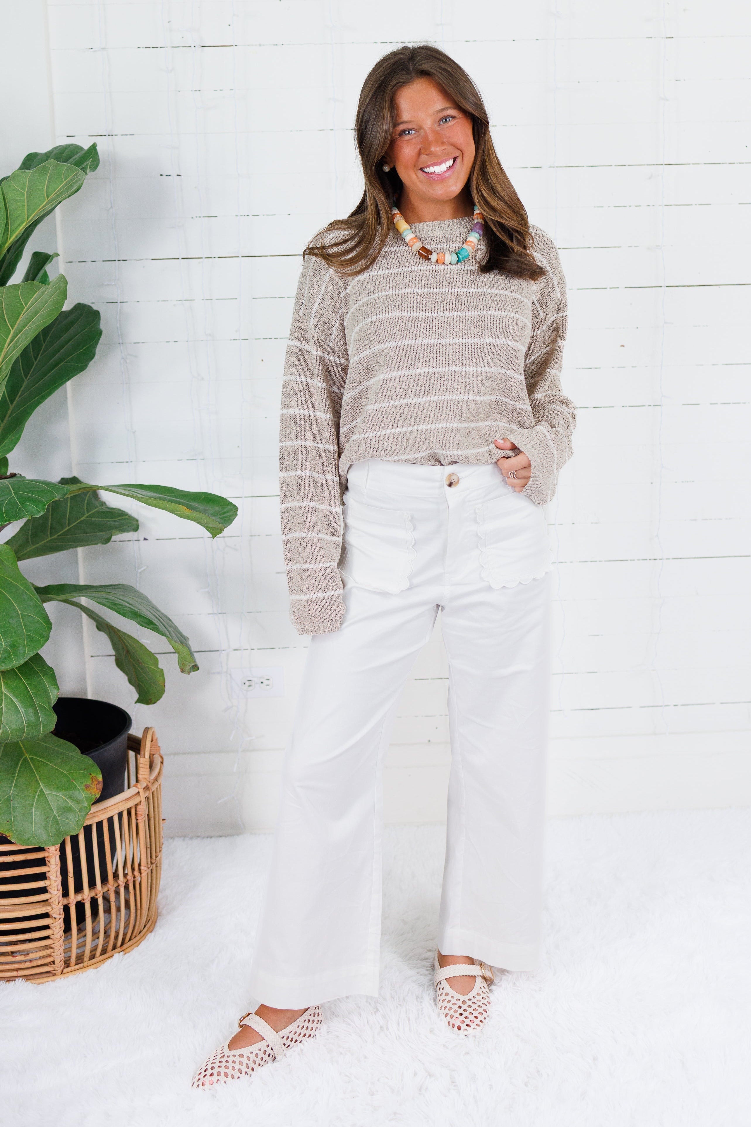 Tupelo Oatmeal + White Stripes Summer Sweater Mustard Seed