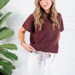 Tuscany Brown Short Sleeve Crewneck Sweater Glam
