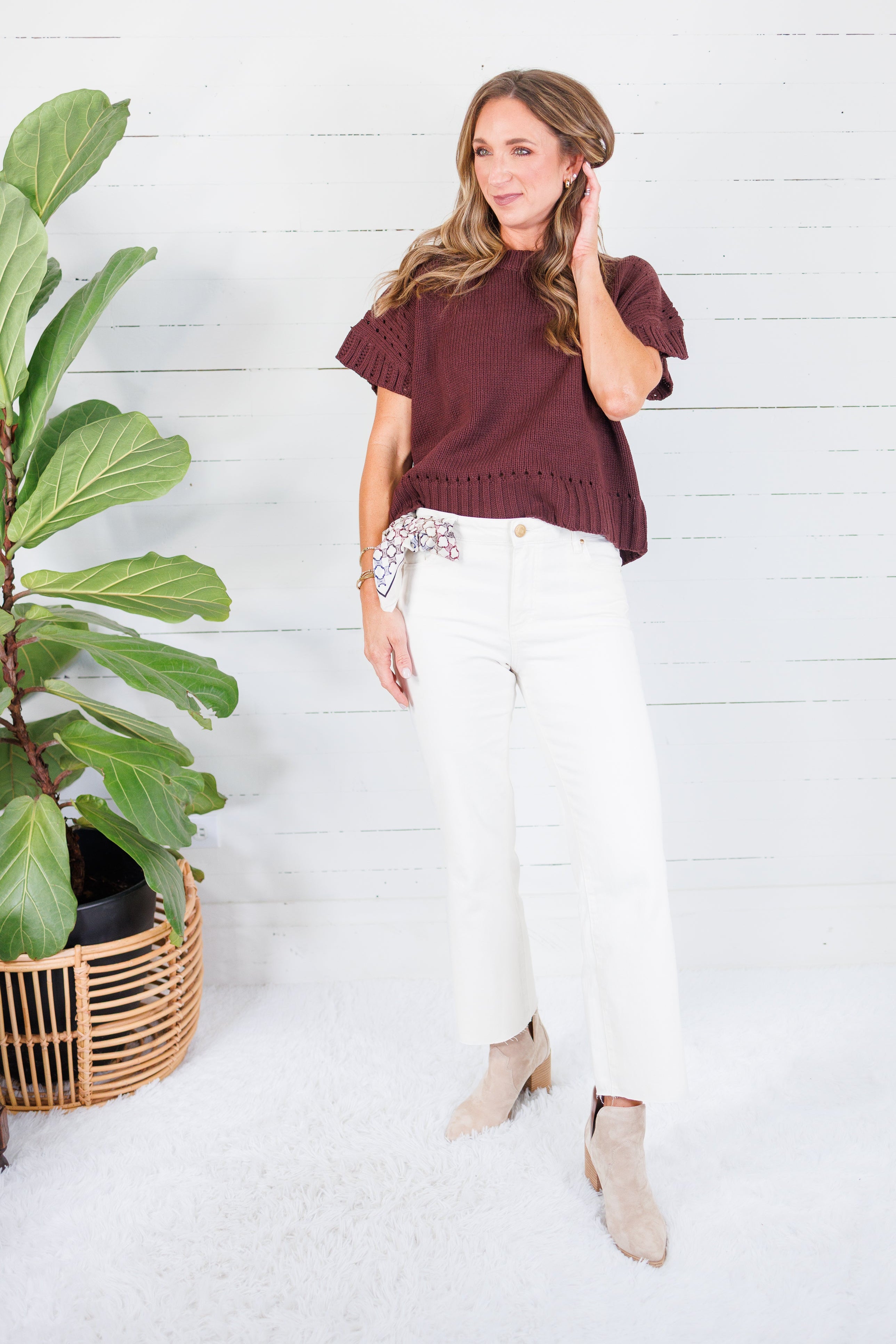 Tuscany Brown Short Sleeve Crewneck Sweater Glam