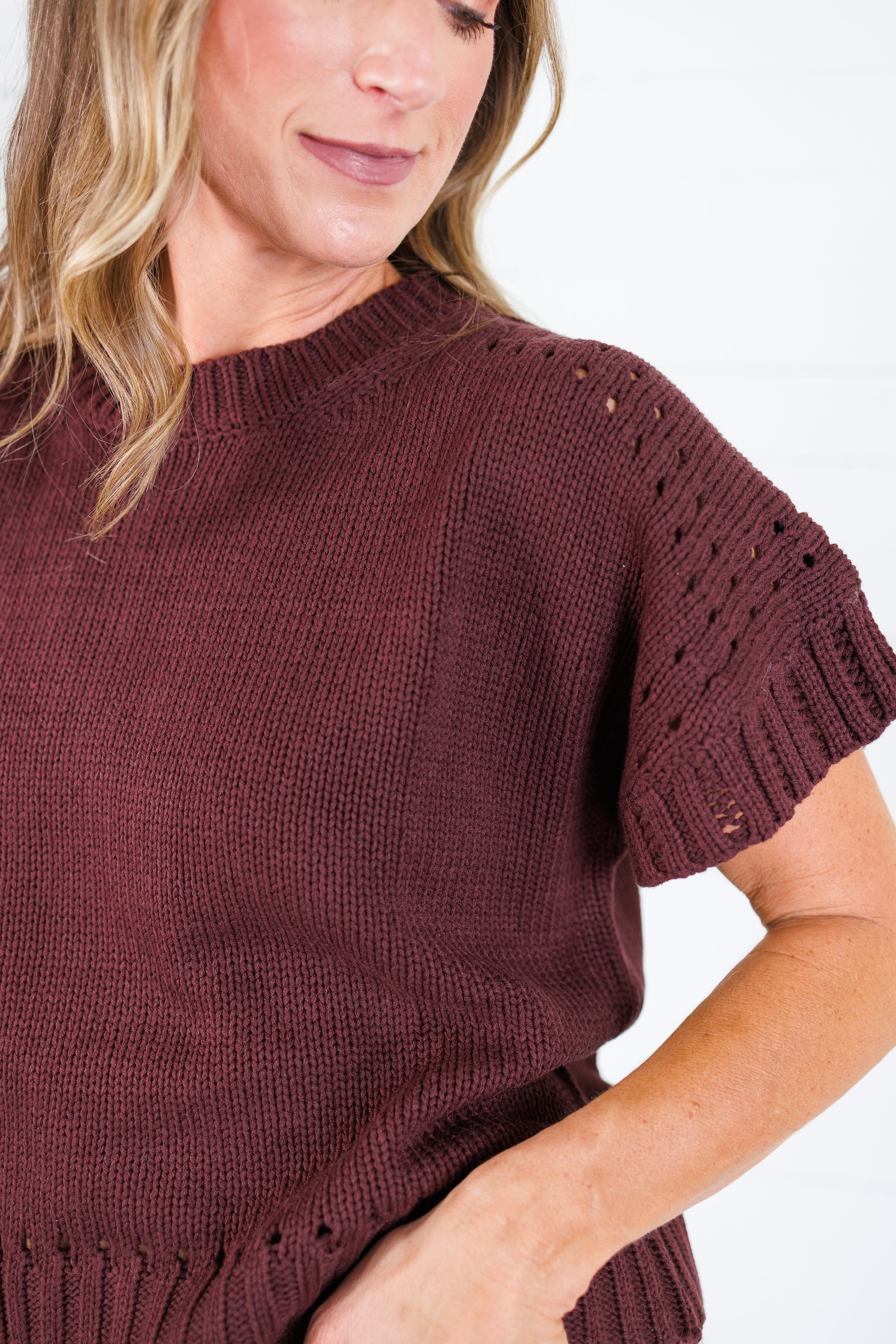 Tuscany Brown Short Sleeve Crewneck Sweater Glam