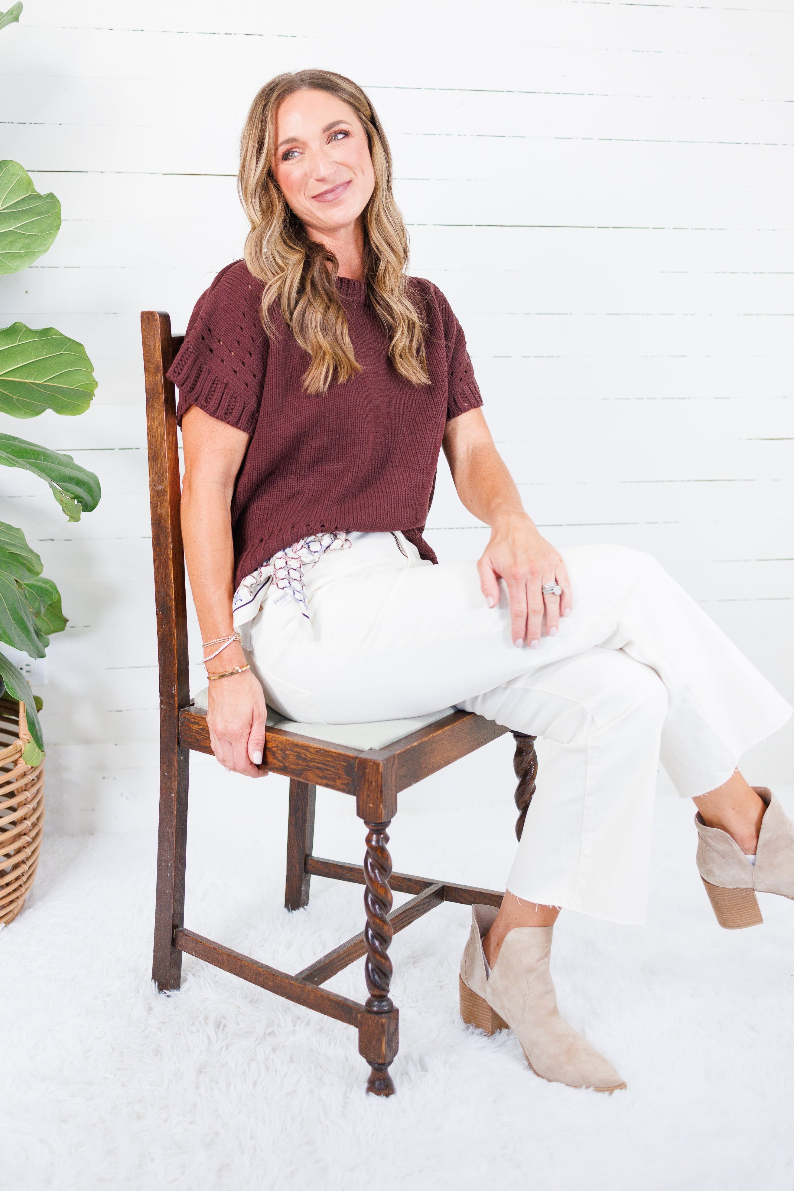 Tuscany Brown Short Sleeve Crewneck Sweater Glam