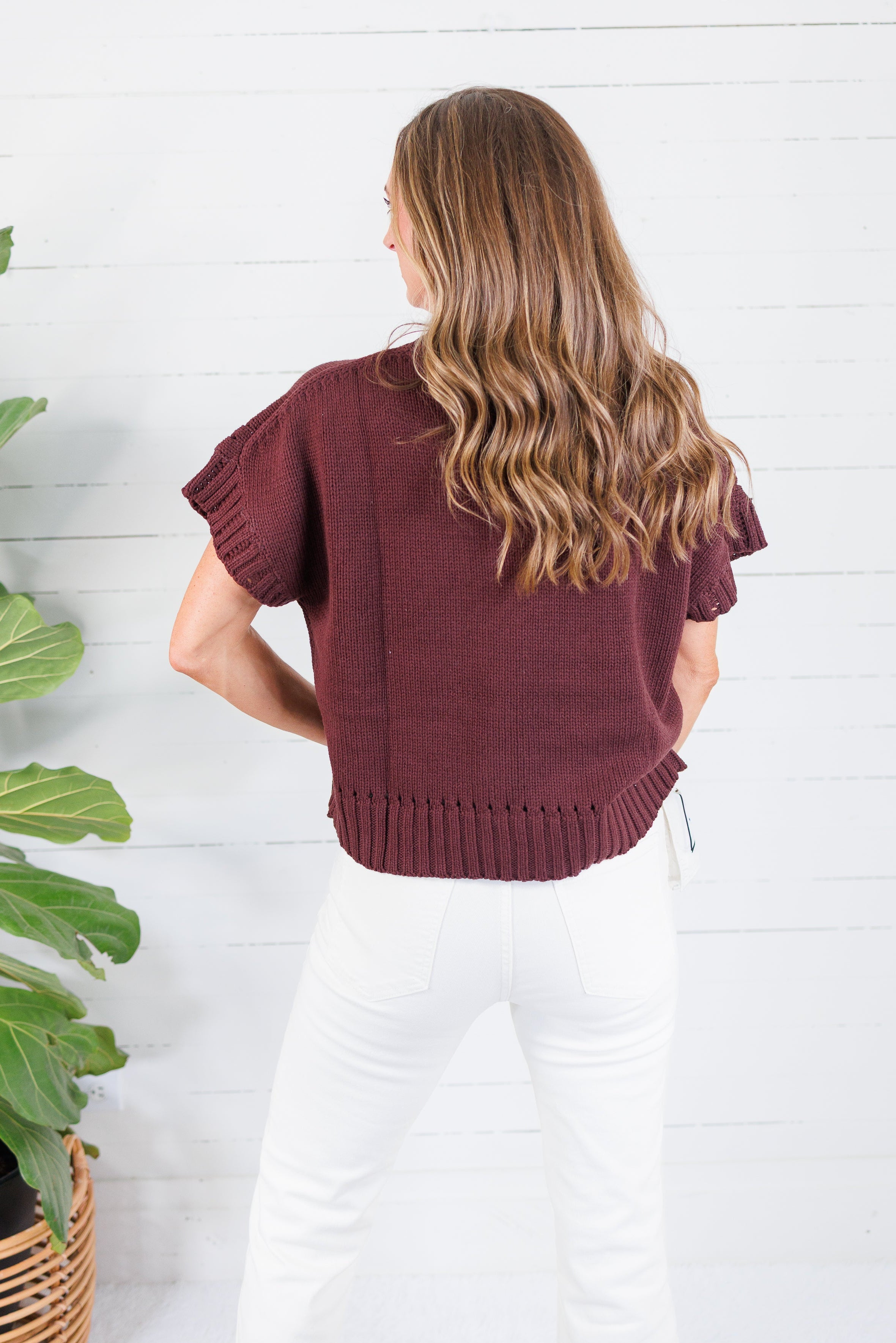 Tuscany Brown Short Sleeve Crewneck Sweater Glam