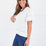 Tuscany Cream Short Sleeve Crewneck Sweater Glam
