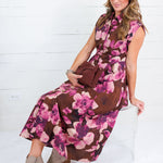 Ursula Brown Floral + Gold Button Maxi Dress Entro