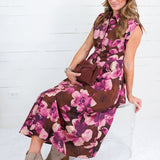 Ursula Brown Floral + Gold Button Maxi Dress Entro