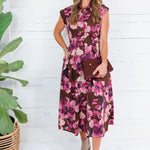 Ursula Brown Floral + Gold Button Maxi Dress Entro