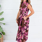 Ursula Brown Floral + Gold Button Maxi Dress Entro