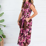 Ursula Brown Floral + Gold Button Maxi Dress Entro
