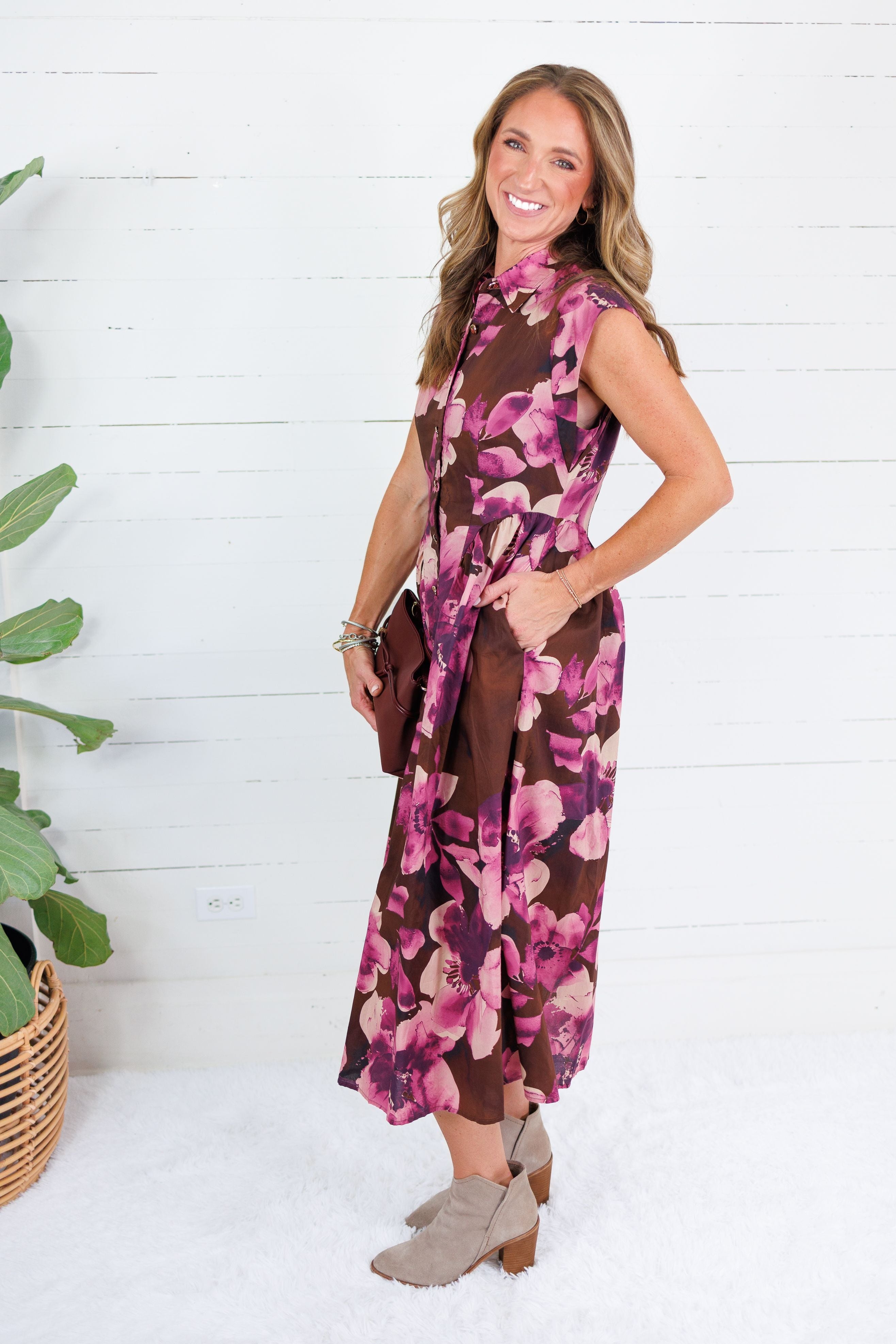 Ursula Brown Floral + Gold Button Maxi Dress Entro