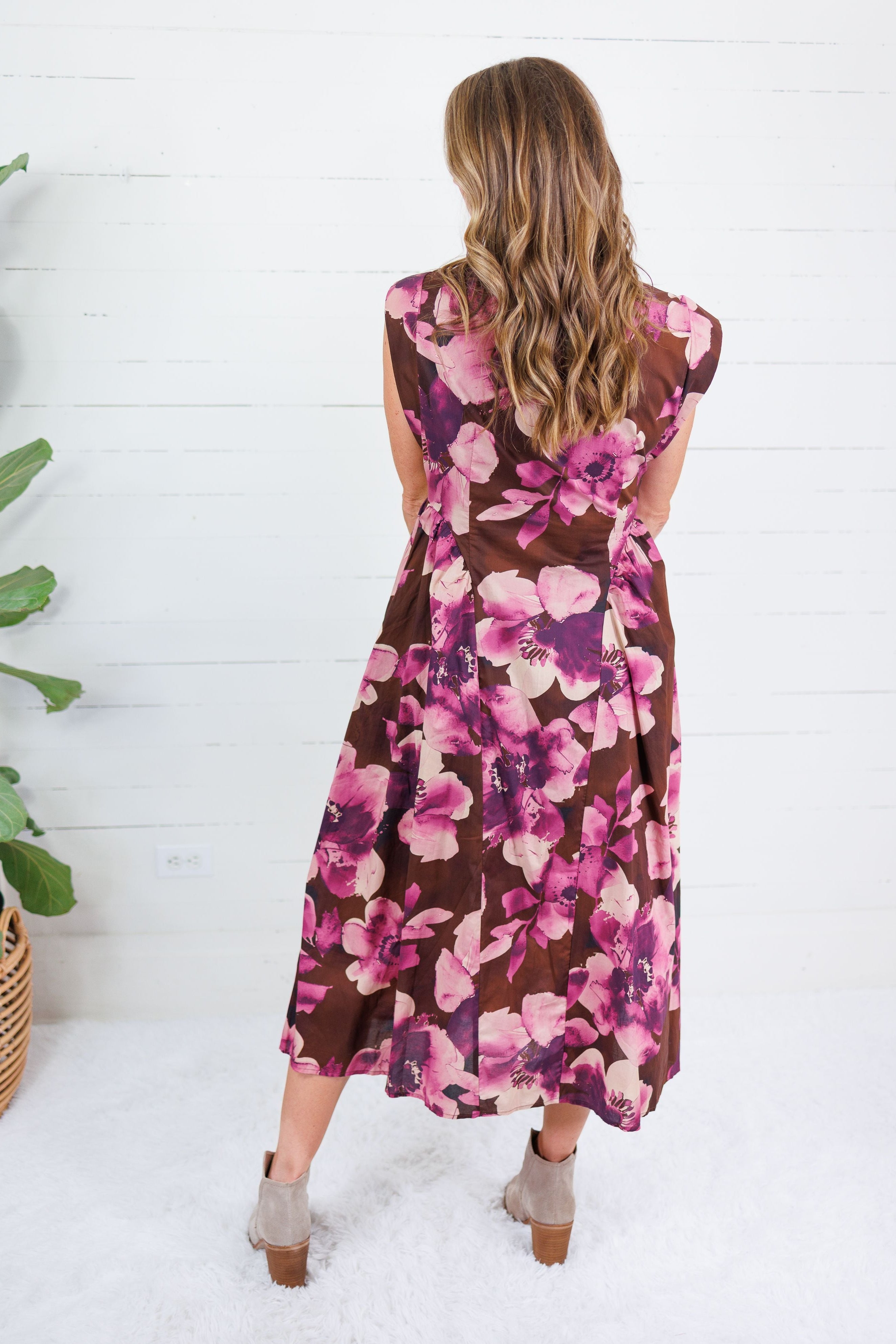 Ursula Brown Floral + Gold Button Maxi Dress Entro