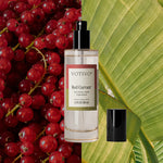 Votivo Red Currant perfume bottle with red currants and a green leaf in the background