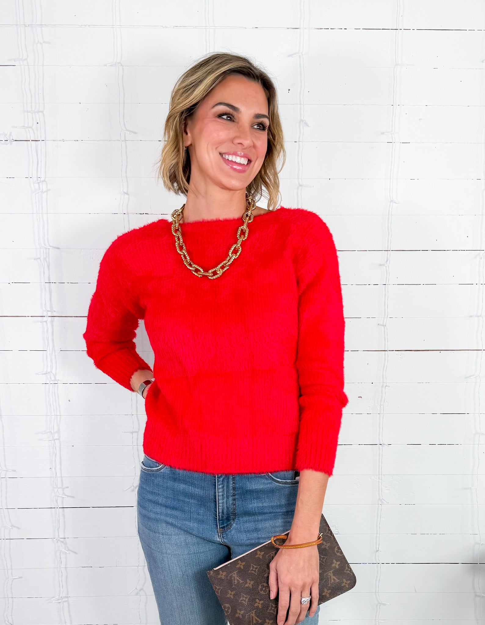 Vandy Red Cross Back Fuzzy Sweater Molly Bracken