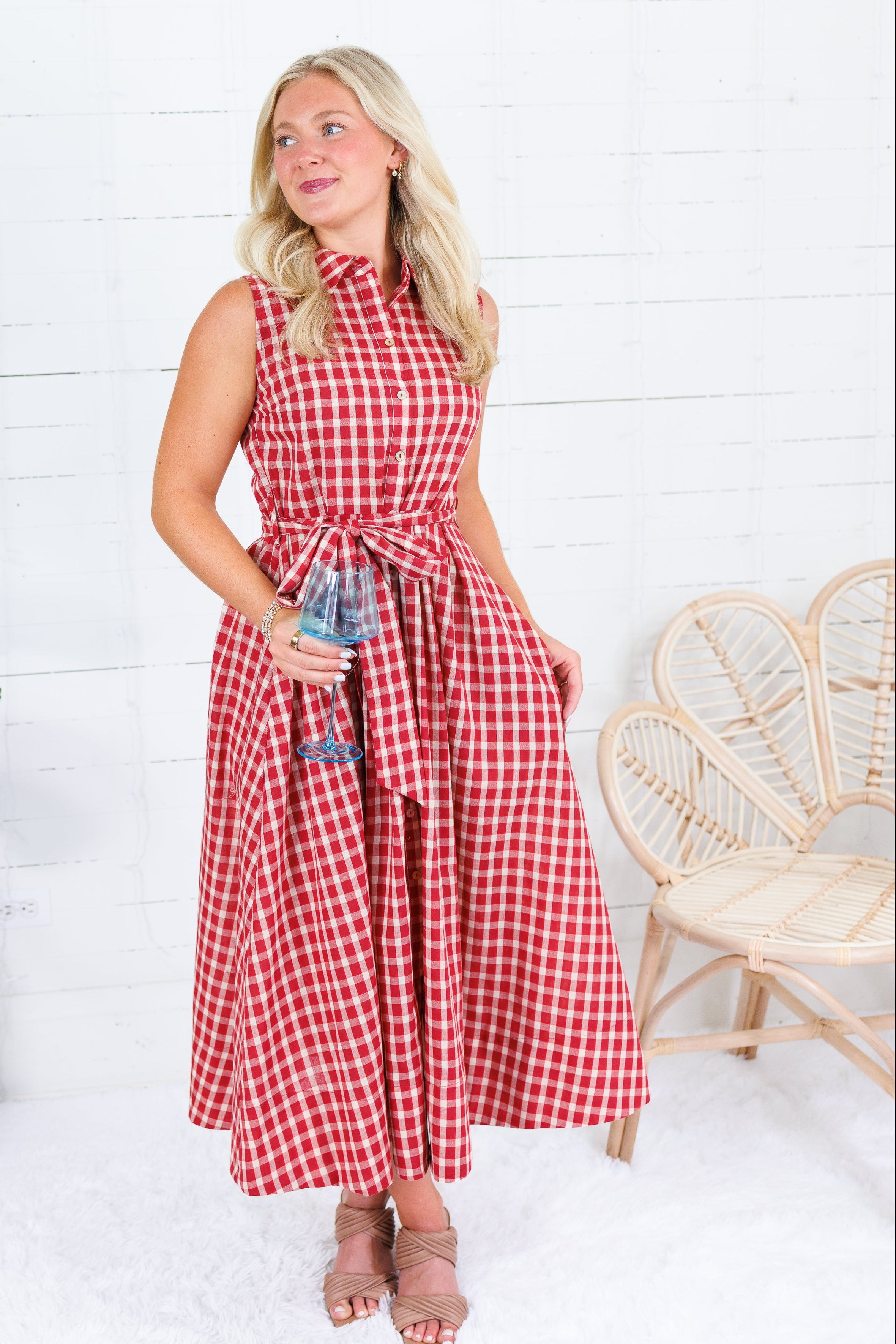 Vanessa Red + Ecru Gingham Midi Dress Pinch 