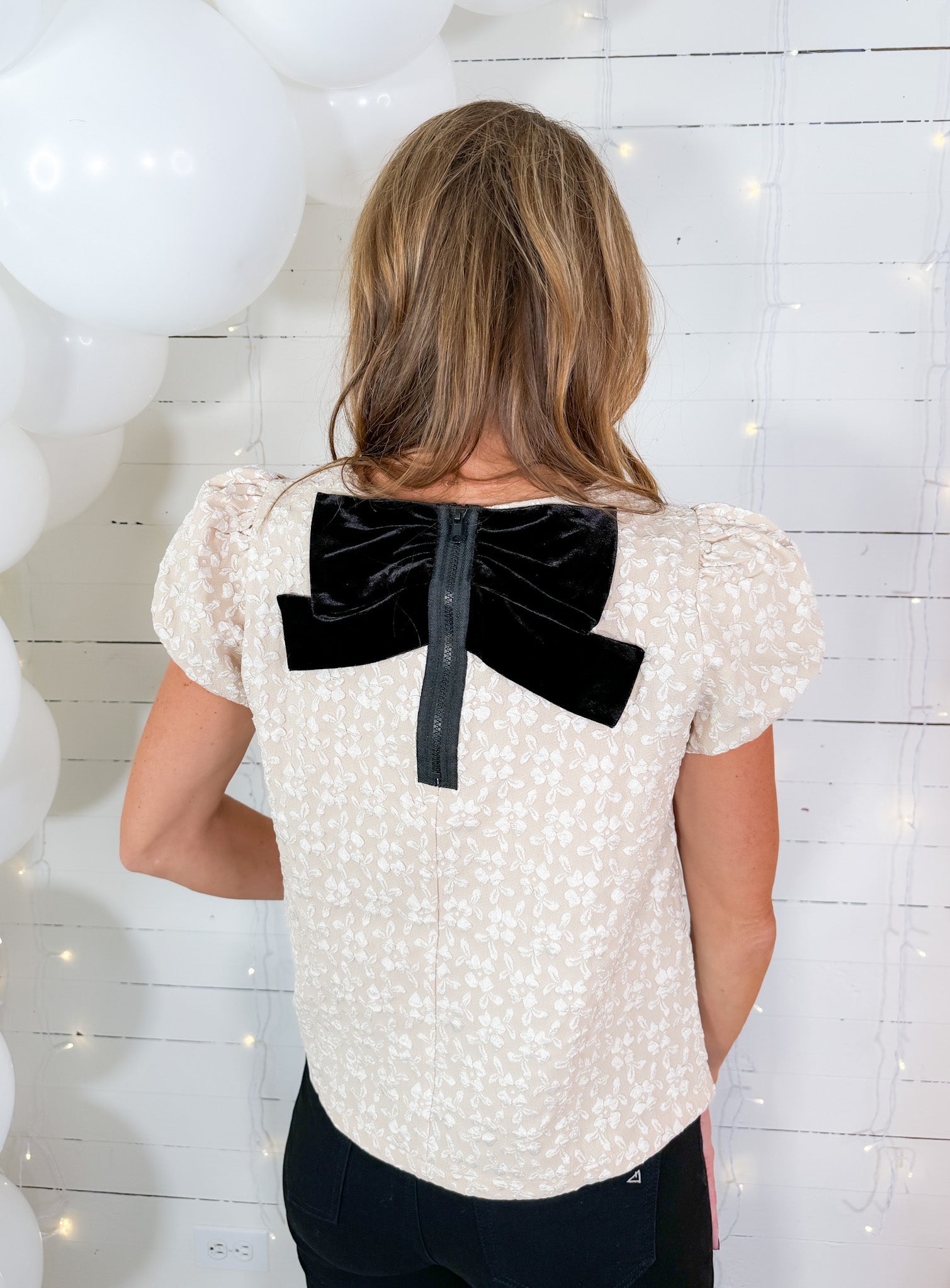 Velvet Bow and Back Zipper Detailed Taupe Top