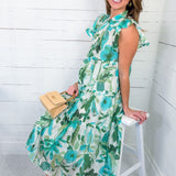 Vera Aqua Watercolor Floral Midi Dress GIGIO