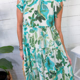 Vera Aqua Watercolor Floral Midi Dress GIGIO