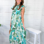 Vera Aqua Watercolor Floral Midi Dress GIGIO