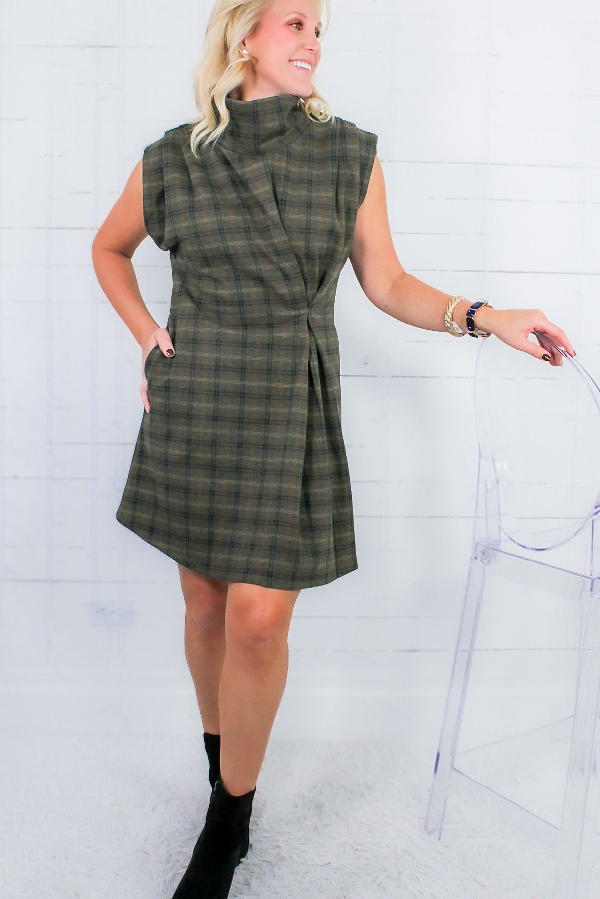 Verona Olive Plaid Mini Dress THML
