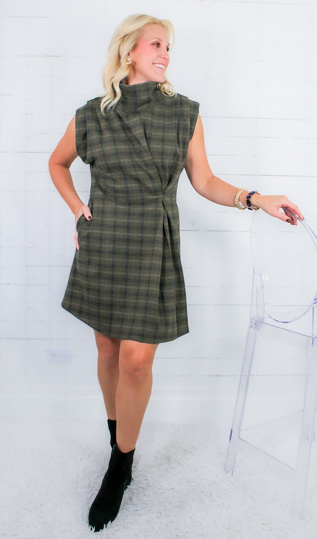Verona Olive Plaid Mini Dress THML