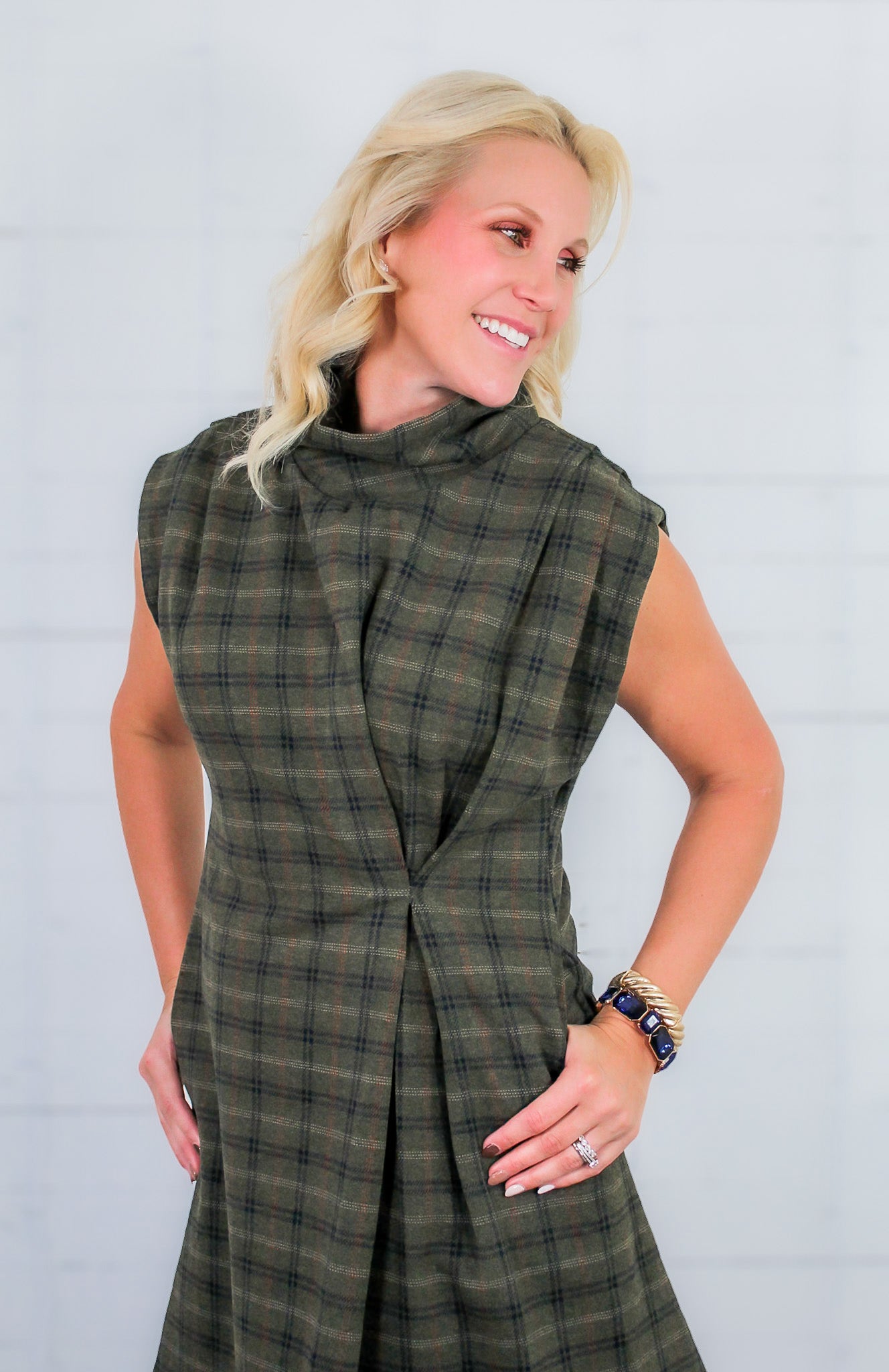 Verona Olive Plaid Mini Dress THML