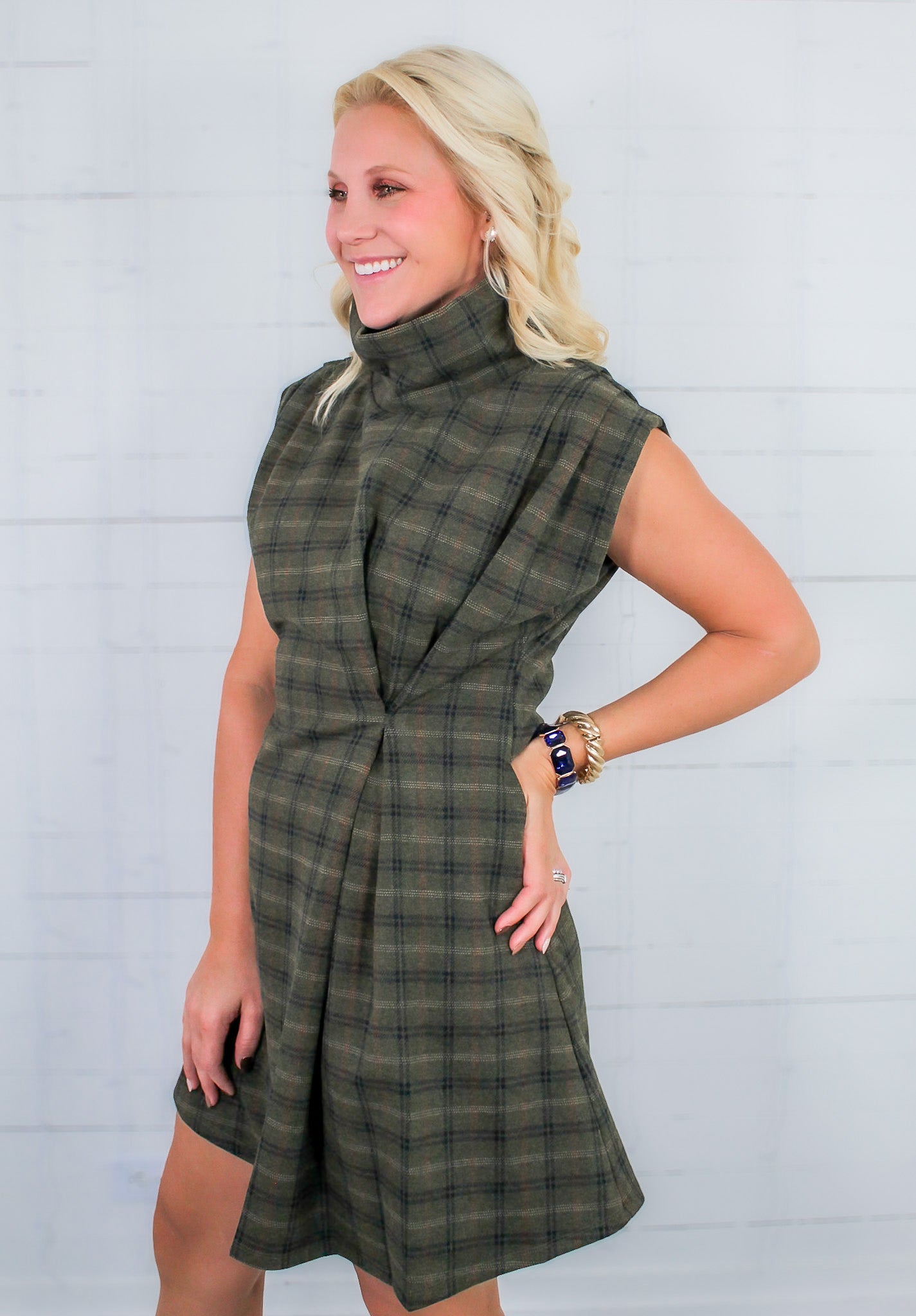 Verona Olive Plaid Mini Dress THML