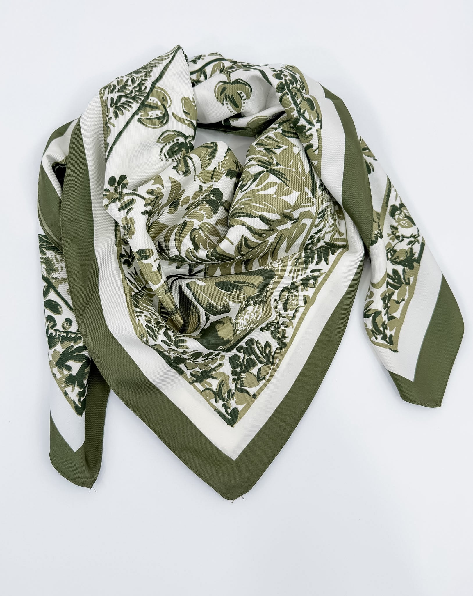 Vintage Olive Green Botanical Print Square Scarf