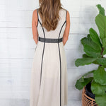 Virginia Natural + Black Trim Belted Linen Maxi Dress Entro