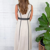 Virginia Natural + Black Trim Belted Linen Maxi Dress Entro