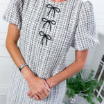 Vivienne Ivory Tweed Lurex Jeweled Bow Dress Adrienne