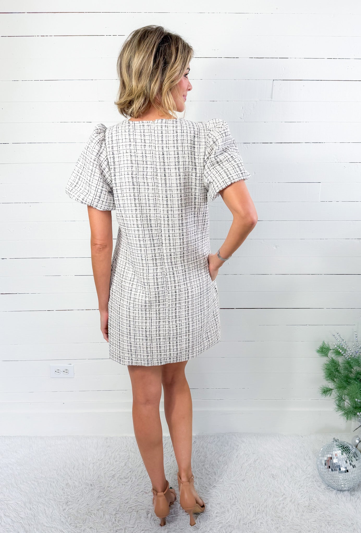 Vivienne Ivory Tweed Lurex Jeweled Bow Dress Adrienne