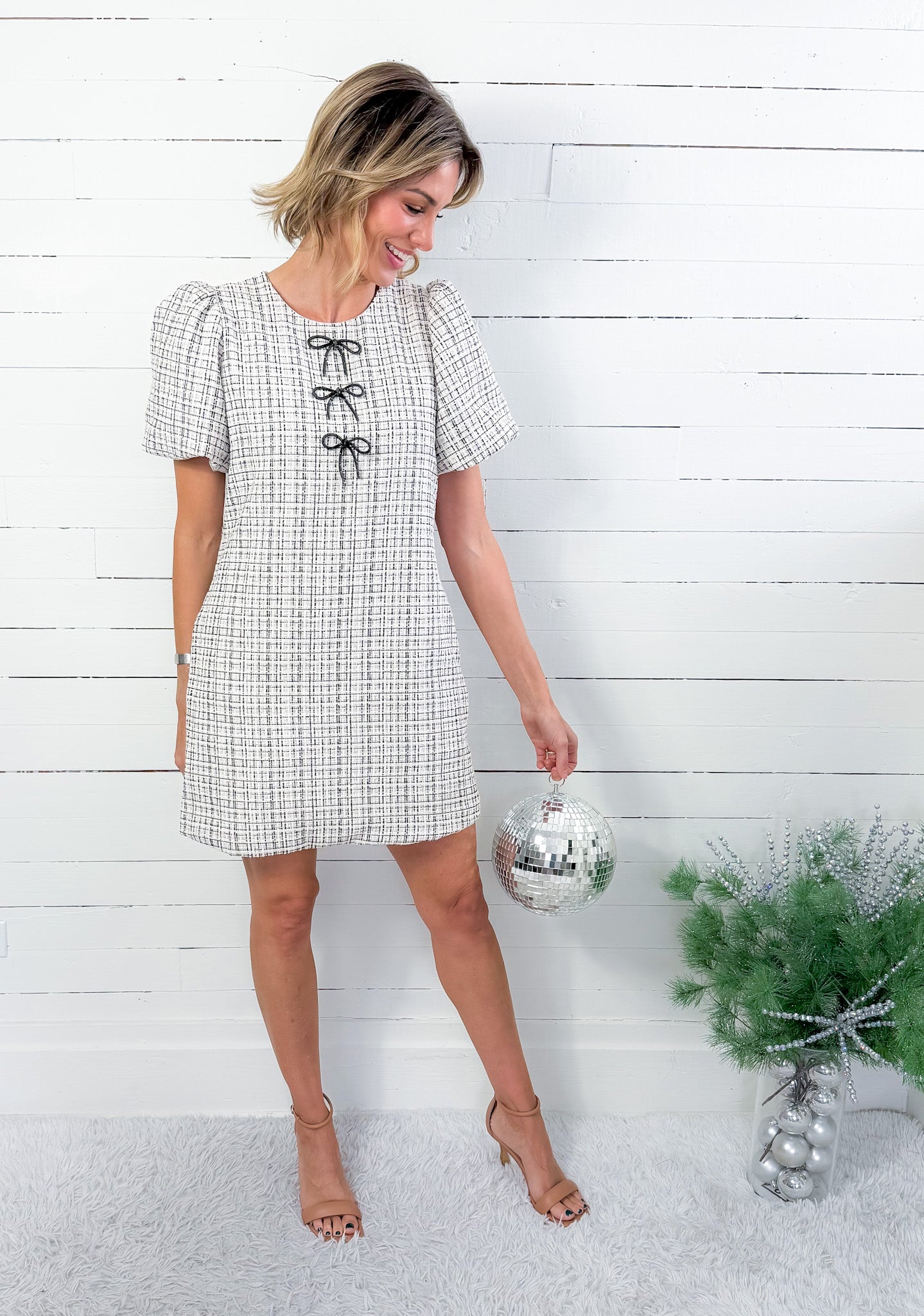 Vivienne Ivory Tweed Lurex Jeweled Bow Dress Adrienne