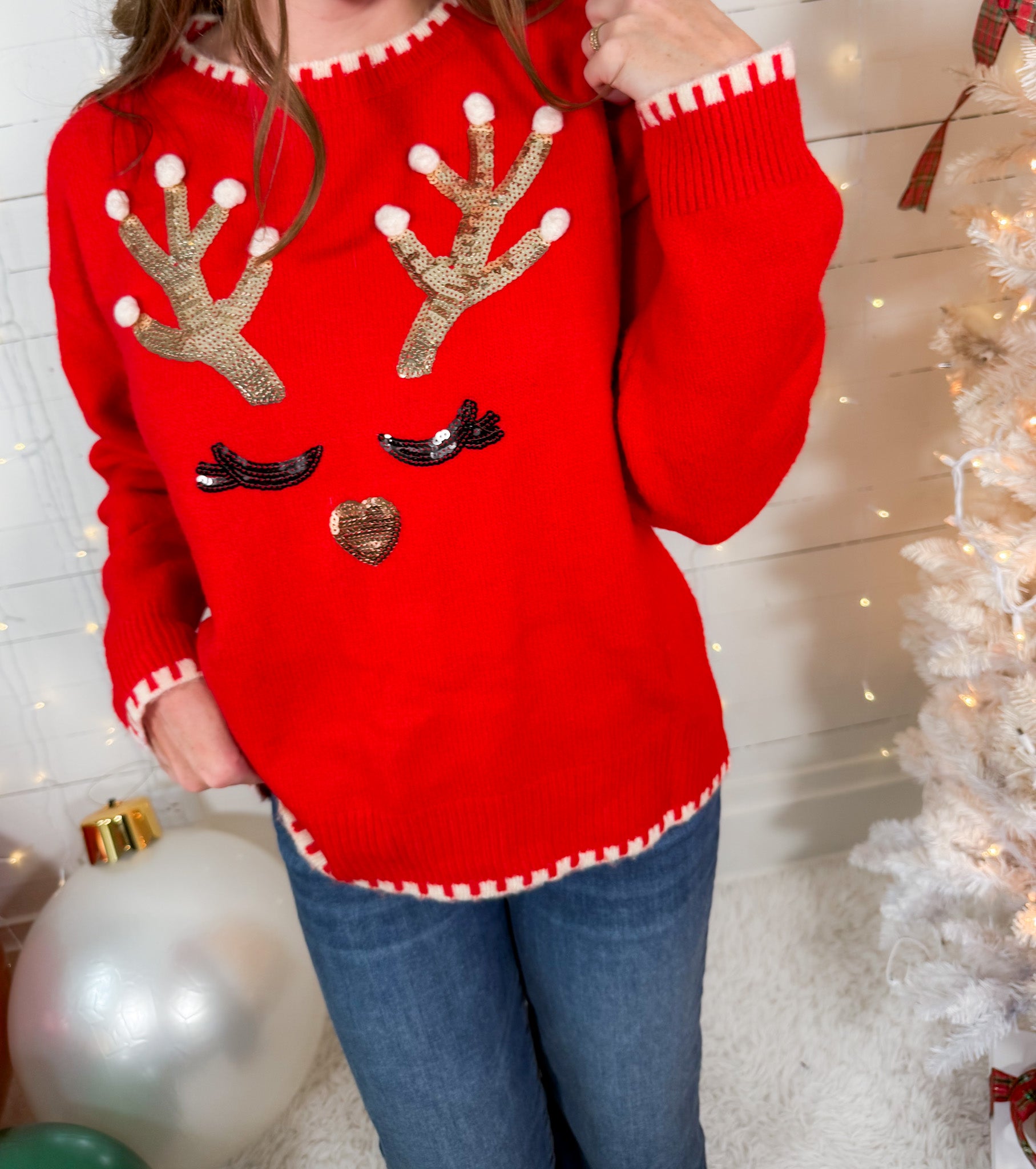 Vixen Red Glitzy Reindeer Sweater Jodifl