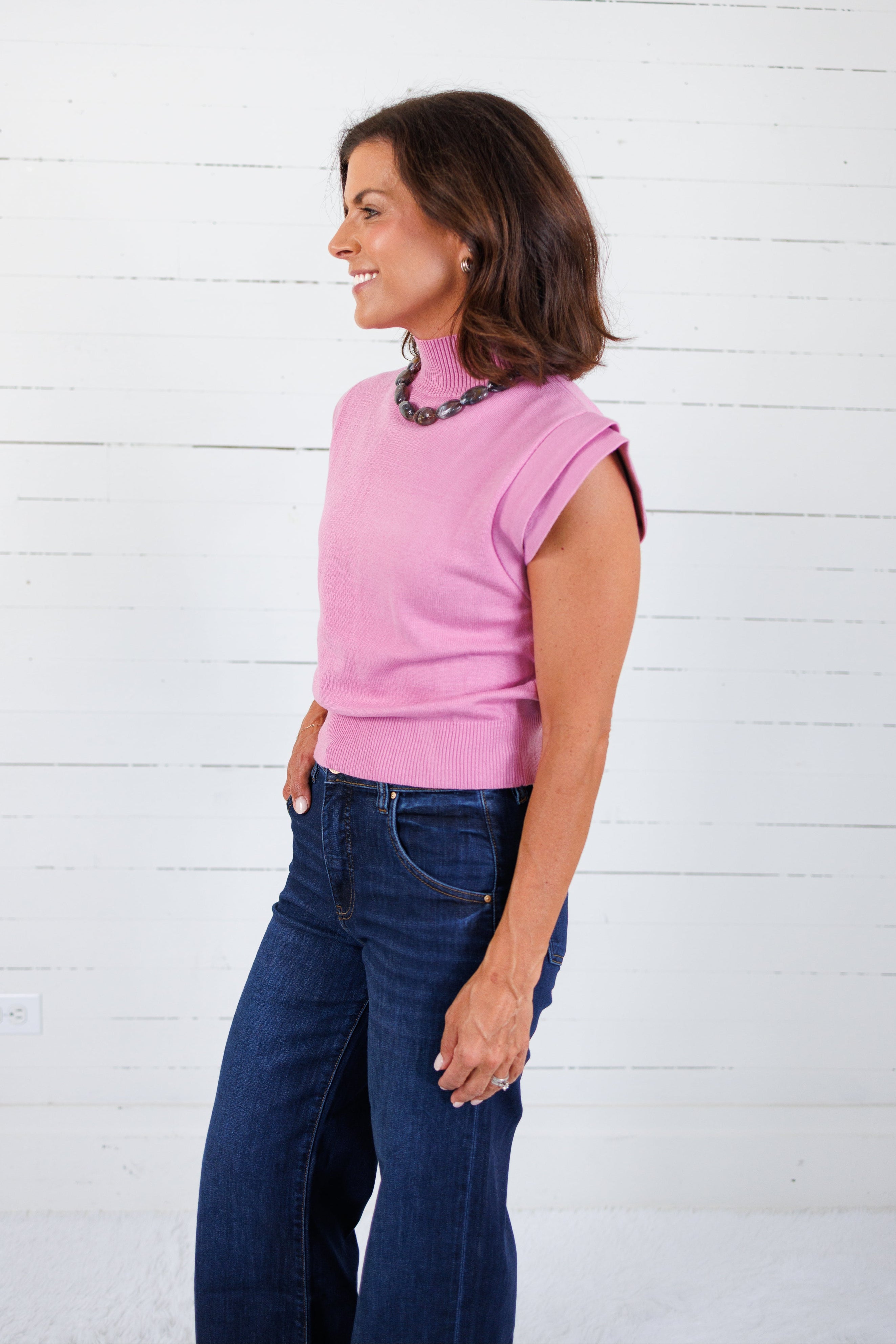 Waldorf Pink High Neck Fine Knit Top Glam