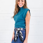 Waldorf Teal High Neck Fine Knit Top Glam