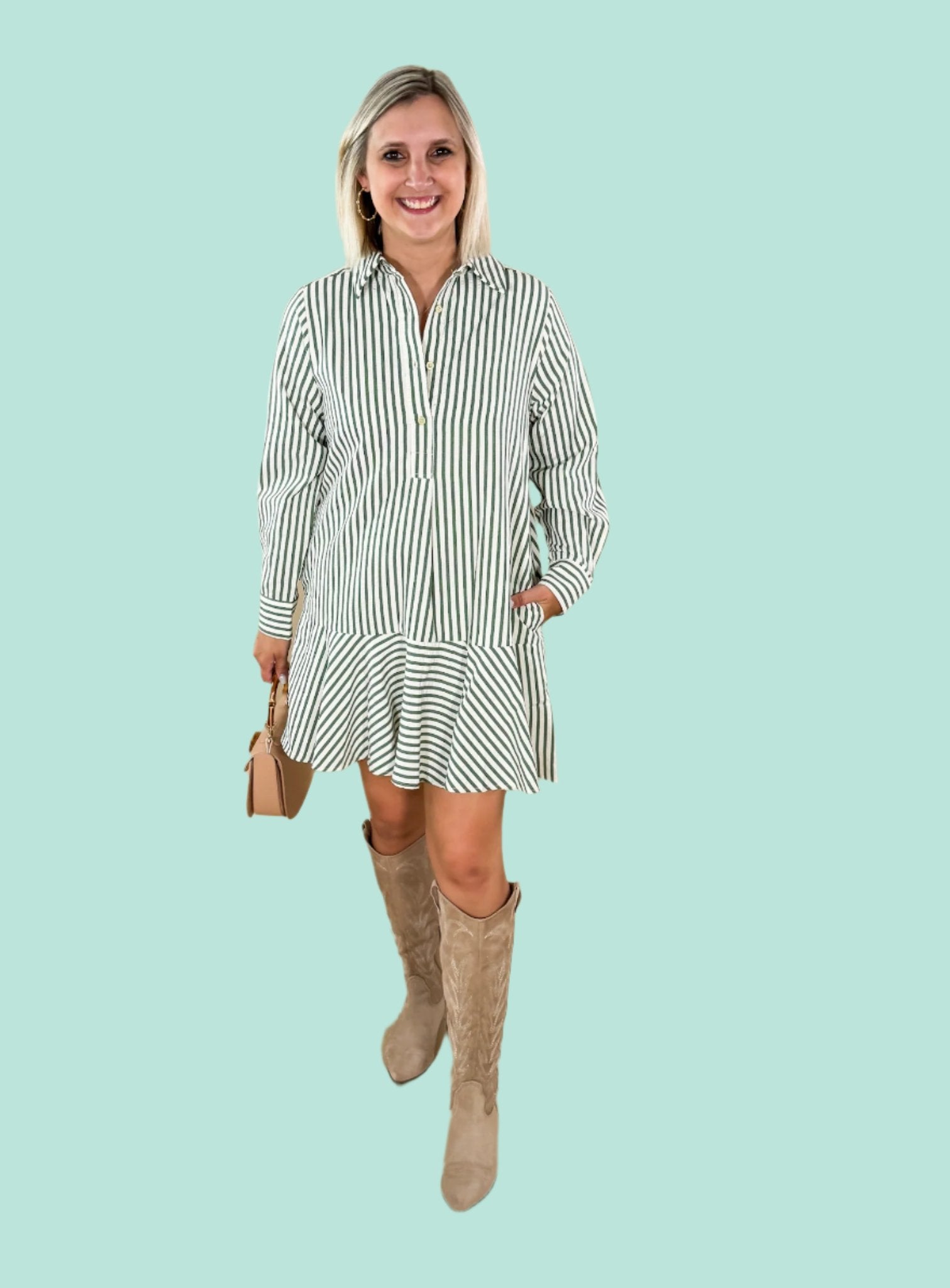 Wanda_Hunter_Green_Ivory_Stripe_Mini_Dress