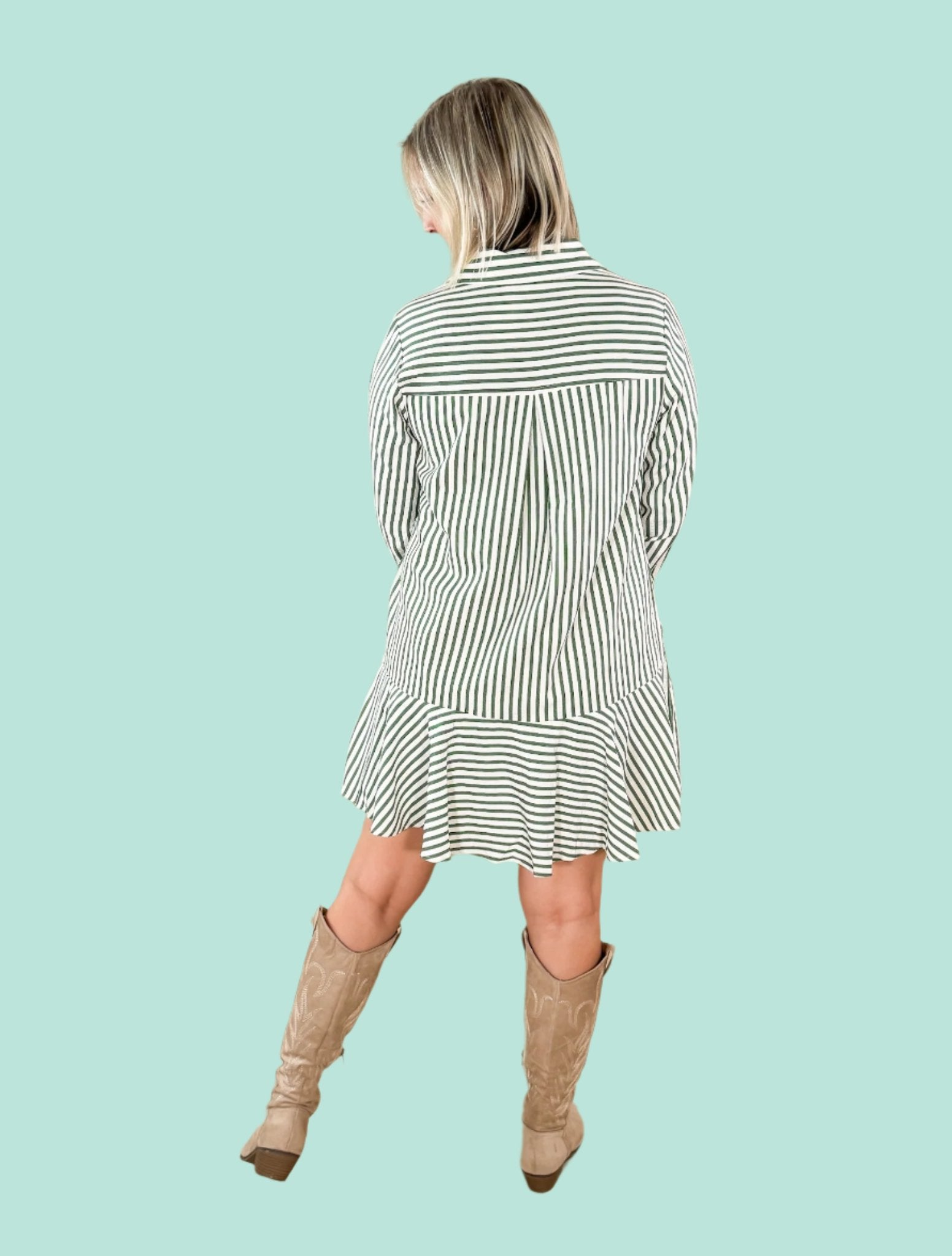 Wanda_Hunter_Green_Ivory_Stripe_Mini_Dress